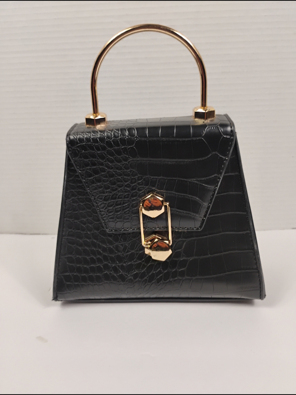 Black. Badgley Mischka .Croc-Embossed Top Handle Bag with Gold Hardware
